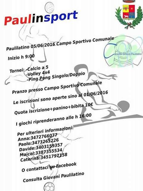 RITORNA “PAULINSPORT” BELLA INIZIATIVA  DELLA CONSULTA GIOVANI DI PAULILATINO CON L’OBIETTIVO DI INCENTIVARE LO SPORT