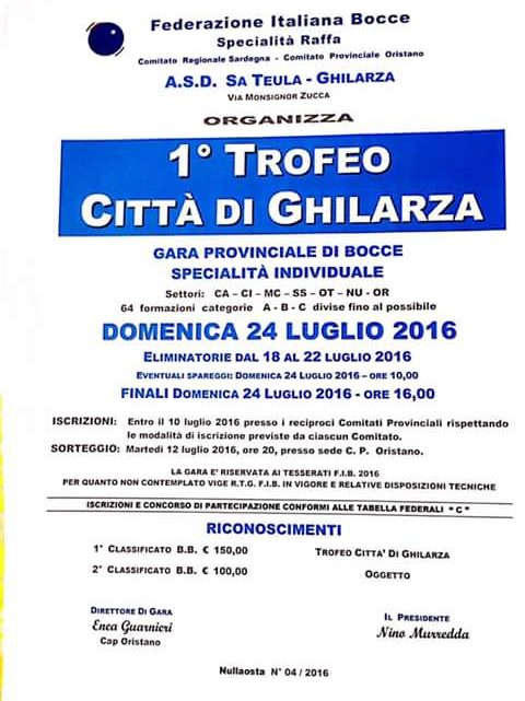 BOCCE: AL CIRCOLO “SA TEULA” IL 1^ TROFEO CITTÀ DI GHILARZA. FINALI DOMENICA 24 LUGLIO